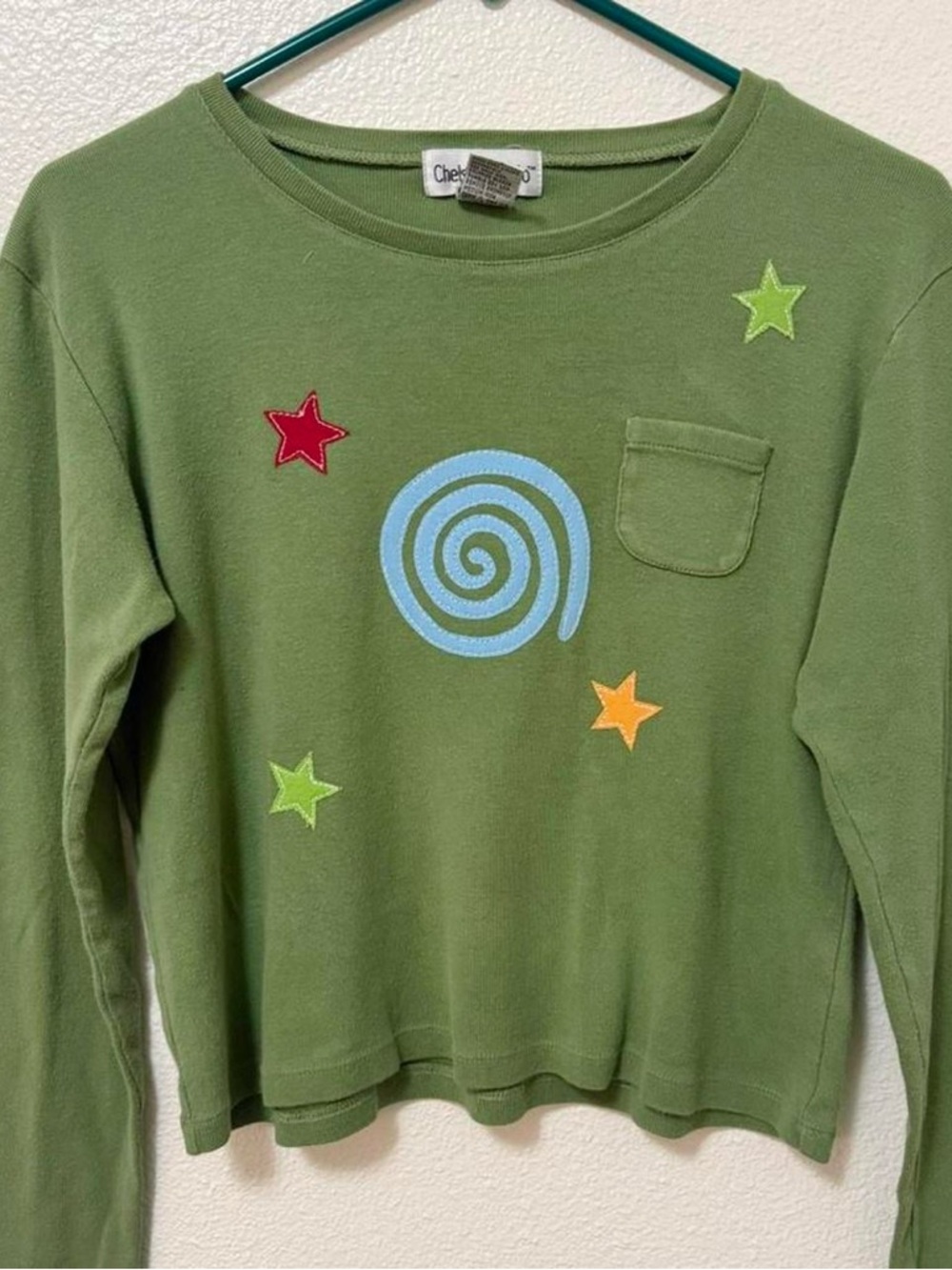 Spiral and stars handmade patches vintage green long sleep top pocket detail